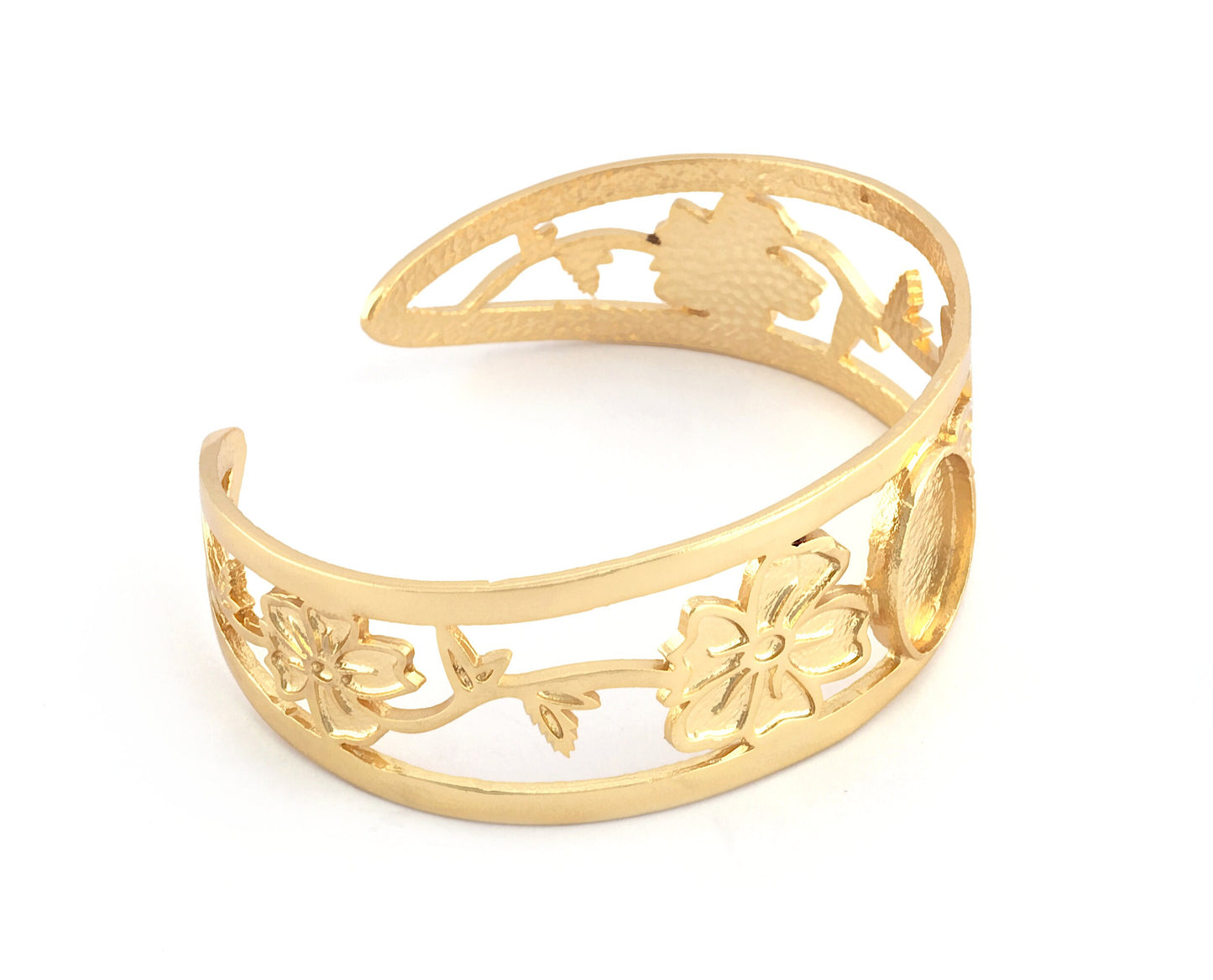 Oval Blank Flower Bracelet Monthly Flower (August Poppy) Base Setting Blank Bezel Shiny Gold Plated Brass (10x14mm Blank ) 3127