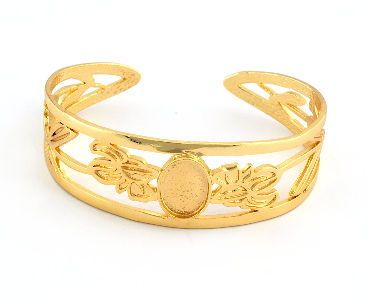 Oval Blank Flower Bracelet Monthly Flower (February Iris) Base Setting Blank Bezel Shiny Gold Plated Brass (10x14mm Blank ) 3789