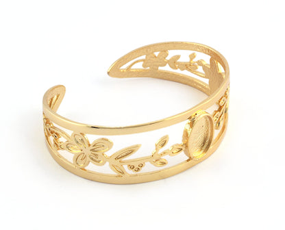 Oval Blank Flower Bracelet Monthly Flower (May Hawthorne) Base Setting Blank Bezel Shiny Gold Plated brass (10x14mm Blank ) 5163