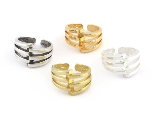 Rib Ring , Adjustable , Raw Brass,Antique Silver Shiny silver, Shiny gold plated Brass (8us) 5356