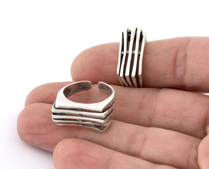 Lines Ring , Adjustable , Raw Brass,Antique Silver Shiny silver, Shiny gold plated Brass (8us) 5357