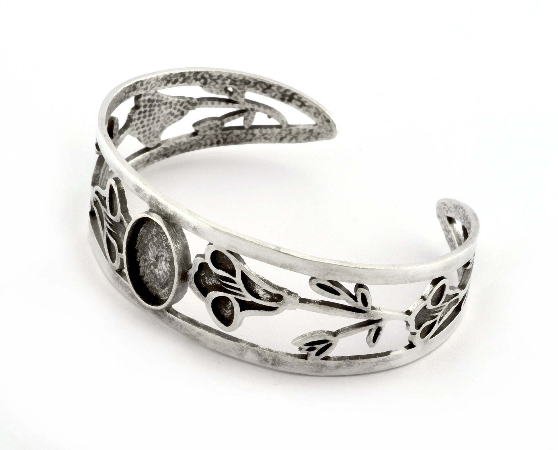 Oval Blank Flower Bracelet Monthly Flower (September Morning Glory) Setting Bezel Antique Silver Plated Brass (10x14mm Blank) 5162