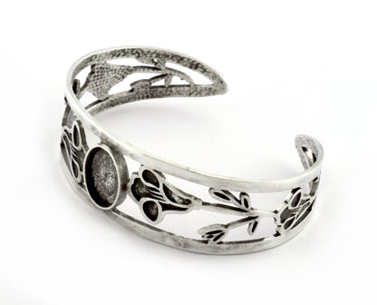 Oval Blank Flower Bracelet Monthly Flower (September Morning Glory) Setting Bezel Antique Silver Plated Brass (10x14mm Blank) 5162