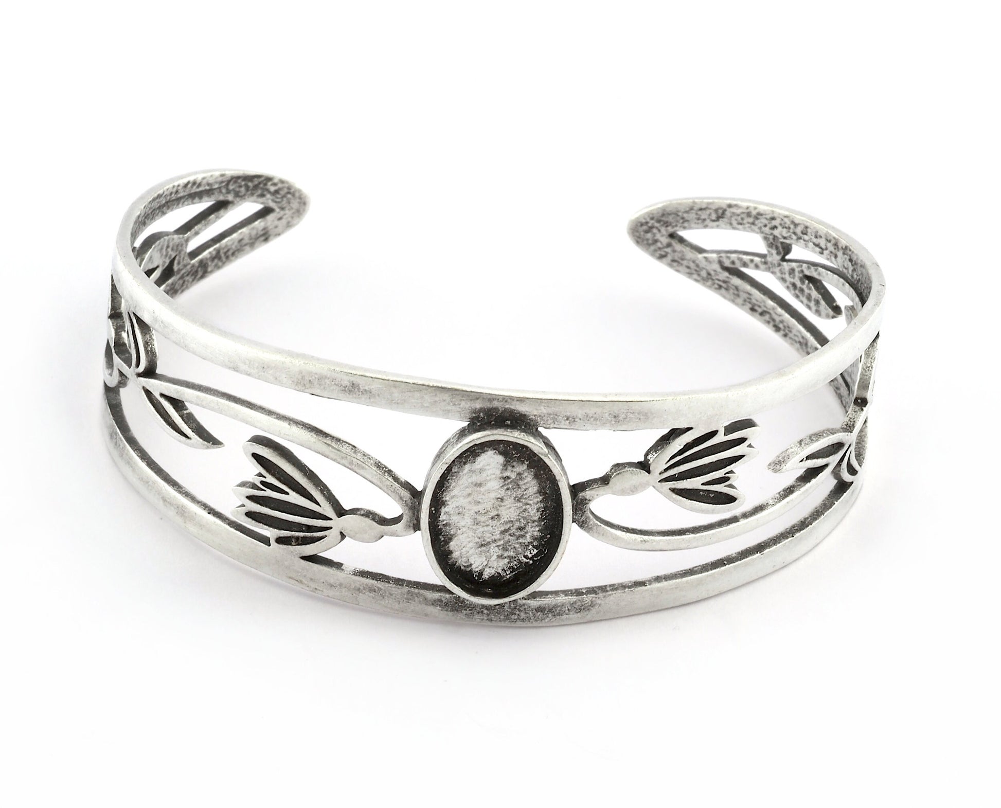 Oval Blank Flower Bracelet Monthly Flower (January Snowdrop) Base Setting Blank Bezel Antique Silver Plated Brass (10x14mm Blank ) 5159