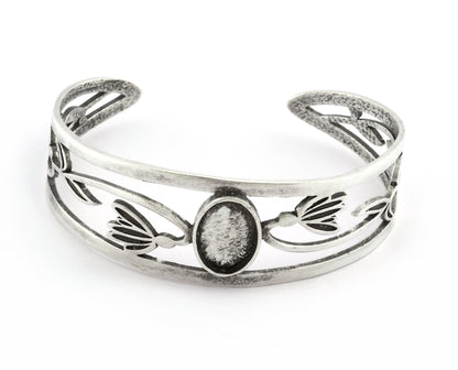 Oval Blank Flower Bracelet Monthly Flower (January Snowdrop) Base Setting Blank Bezel Antique Silver Plated Brass (10x14mm Blank ) 5159