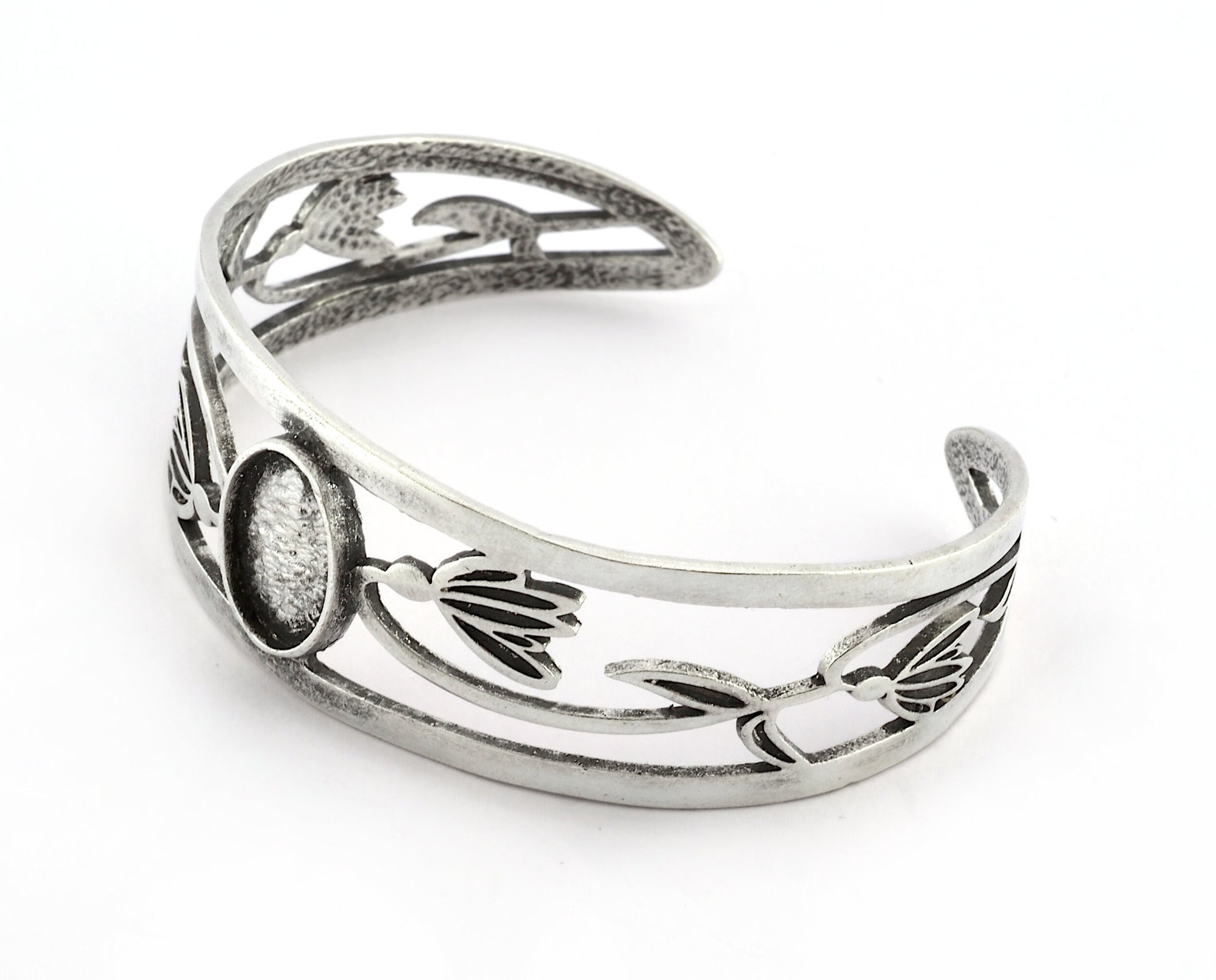 Oval Blank Flower Bracelet Monthly Flower (January Snowdrop) Base Setting Blank Bezel Antique Silver Plated Brass (10x14mm Blank ) 5159