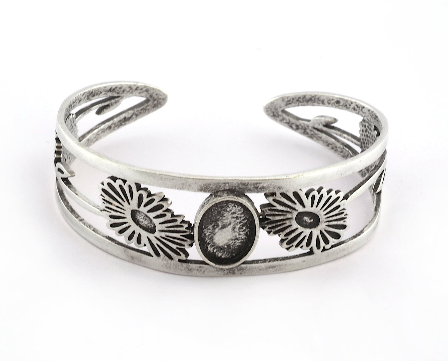 Oval Blank Flower Bracelet Monthly Flower (April Daisy) Base Setting Blank Bezel Antique Silver Plated Brass (10x14mm Blank ) 2874