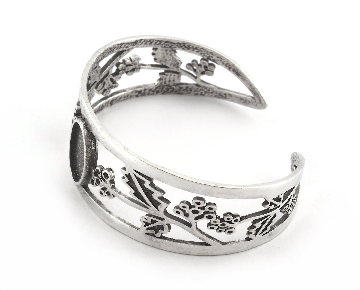 Oval Blank Flower Bracelet Monthly Flower (December Holly) Base Setting Blank Bezel Antique Silver Plated Brass (10x14mm Blank ) 3646