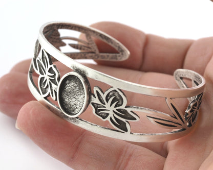 Oval Blank Flower Bracelet Monthly Flower (March Daffodil) Base Setting Blank Bezel Antique Silver Plated Brass (10x14mm Blank ) 5158