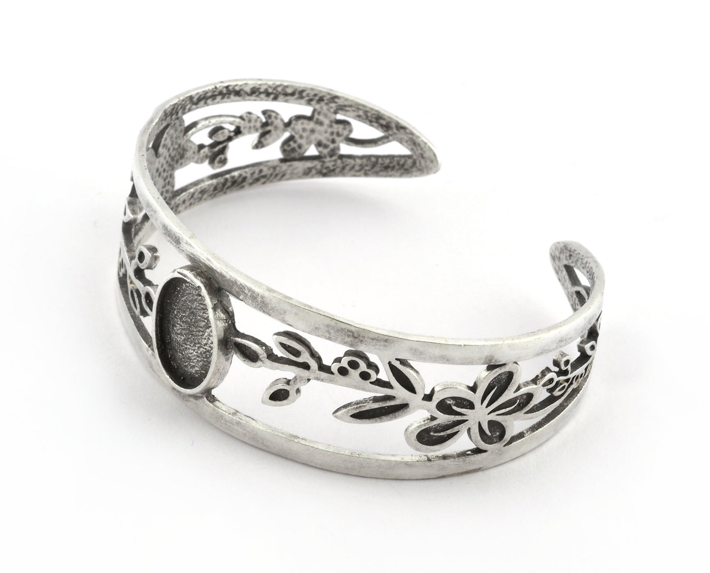 Oval Blank Flower Bracelet Monthly Flower (May Hawthorne) Base Setting Blank Bezel Antique Silver Plated brass (10x14mm Blank ) 5163