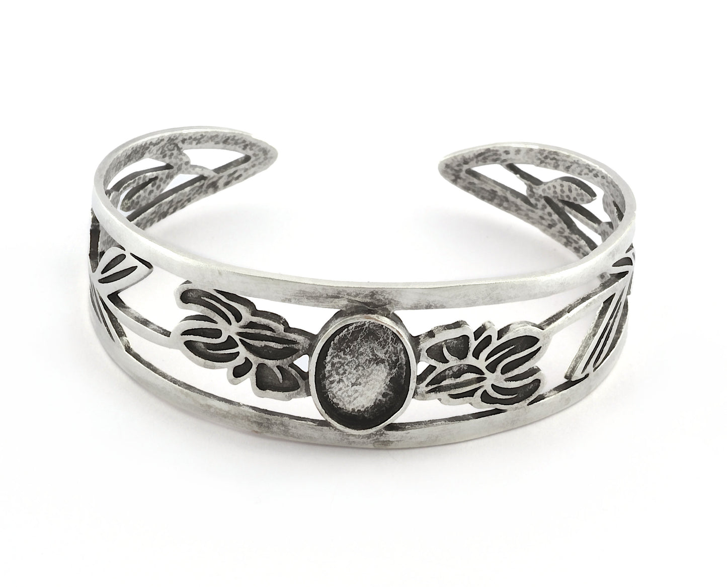 Oval Blank Flower Bracelet Monthly Flower (February Iris) Base Setting Blank Bezel Antique Silver Plated Brass (10x14mm Blank ) 3789