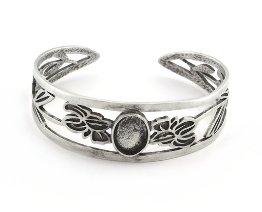 Oval Blank Flower Bracelet Monthly Flower (February Iris) Base Setting Blank Bezel Antique Silver Plated Brass (10x14mm Blank ) 3789