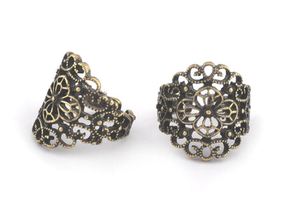 Flower Adjustable Ring Antique Bronze Plated filigree brass (18.75mm 8.5US inner size) OZ3062