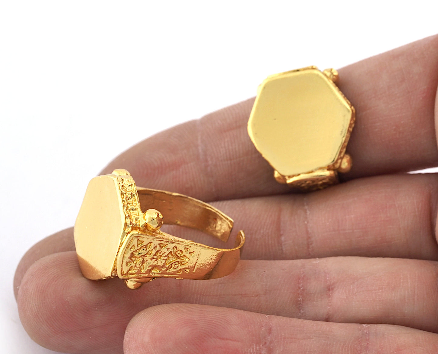 Signet Hexagonal Ring Adjustable Ring Shiny Gold Plated Brass (20mm 10US inner size) 4423