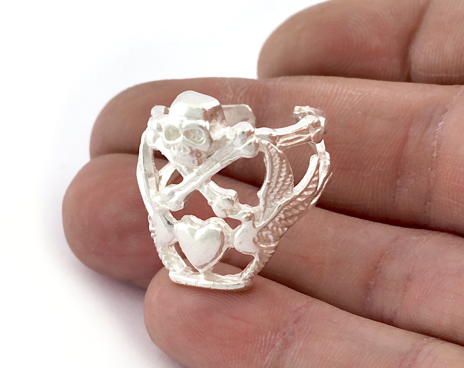 Skull Heart Adjustable Ring Shiny Silver Plated Brass (19mm 9US inner size) OZ3346