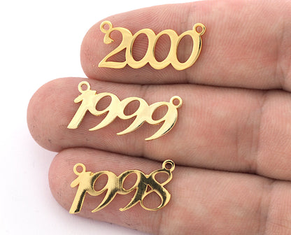 Years, Birth year, Date of birth Charms, Connector Pendant Shiny Gold Plated Brass 26x11mm S393