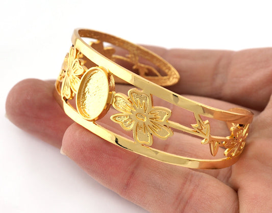 Oval Blank Flower Bracelet Monthly Flower (October Cosmos) Base Setting Blank Bezel Shiny Gold Plated Brass (10x14mm Blank ) 5161