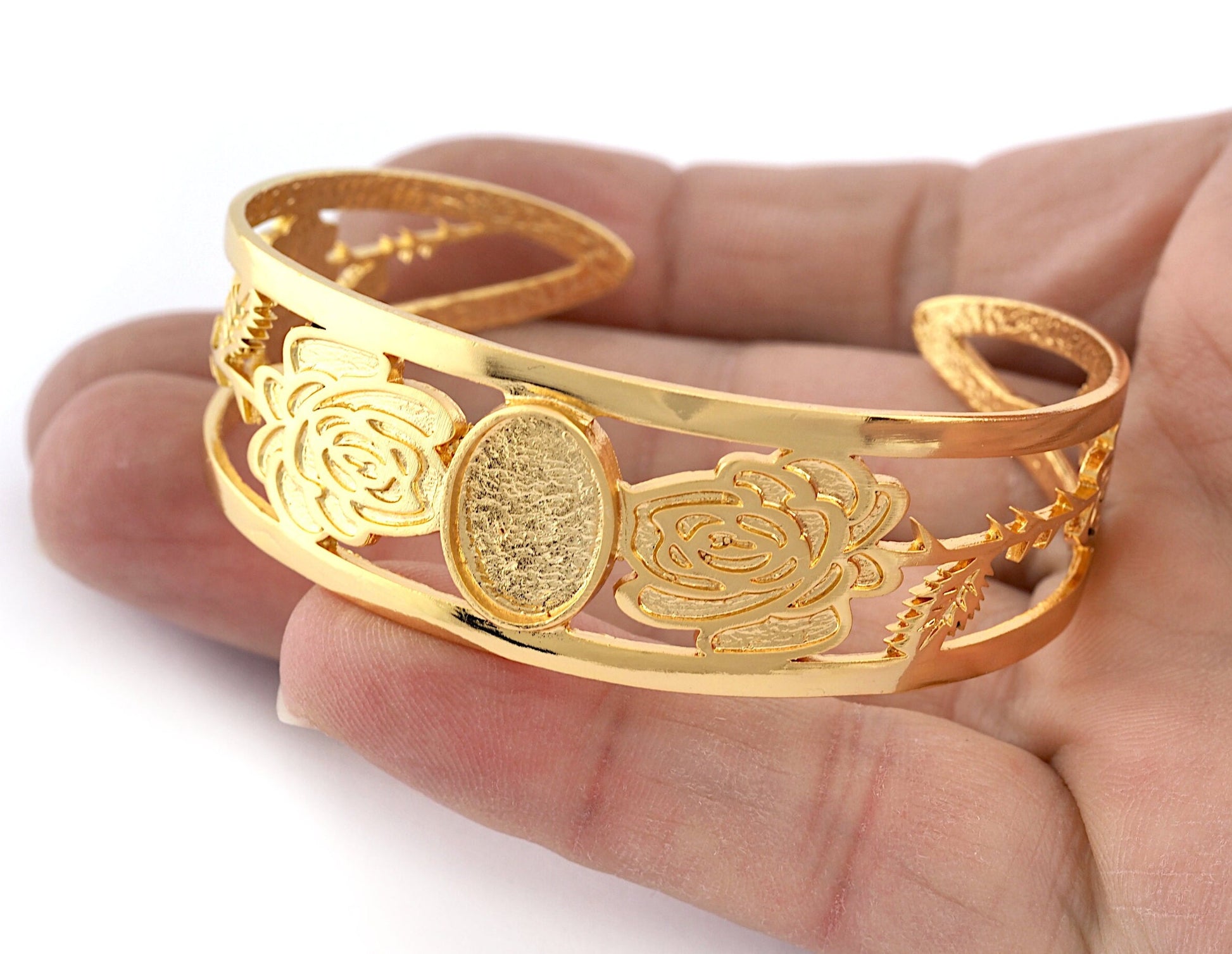 Oval Blank Flower Bracelet Monthly Flower (June Rose) Base Setting Blank Bezel Shiny Gold Plated Brass (10x14mm Blank ) 3049
