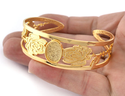 Oval Blank Flower Bracelet Monthly Flower (June Rose) Base Setting Blank Bezel Shiny Gold Plated Brass (10x14mm Blank ) 3049