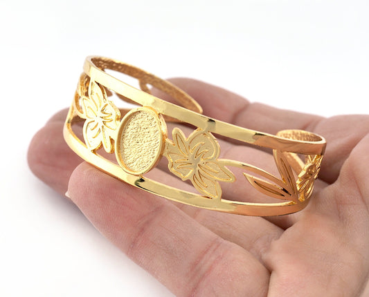 Oval Blank Flower Bracelet Monthly Flower (March Daffodil) Base Setting Blank Bezel Shiny Gold Plated Brass (10x14mm Blank ) 5158