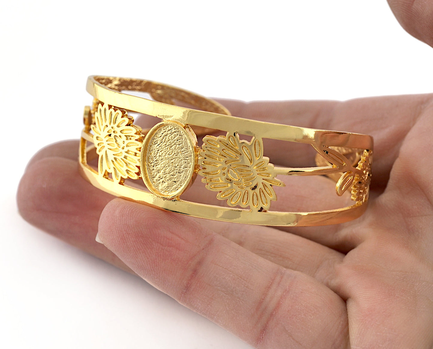 Oval Blank Flower Bracelet Monthly Flower (November Chrysanthemum) Base Setting Blank Bezel Shiny Gold Plated brass (10x14mm Blank ) 3001
