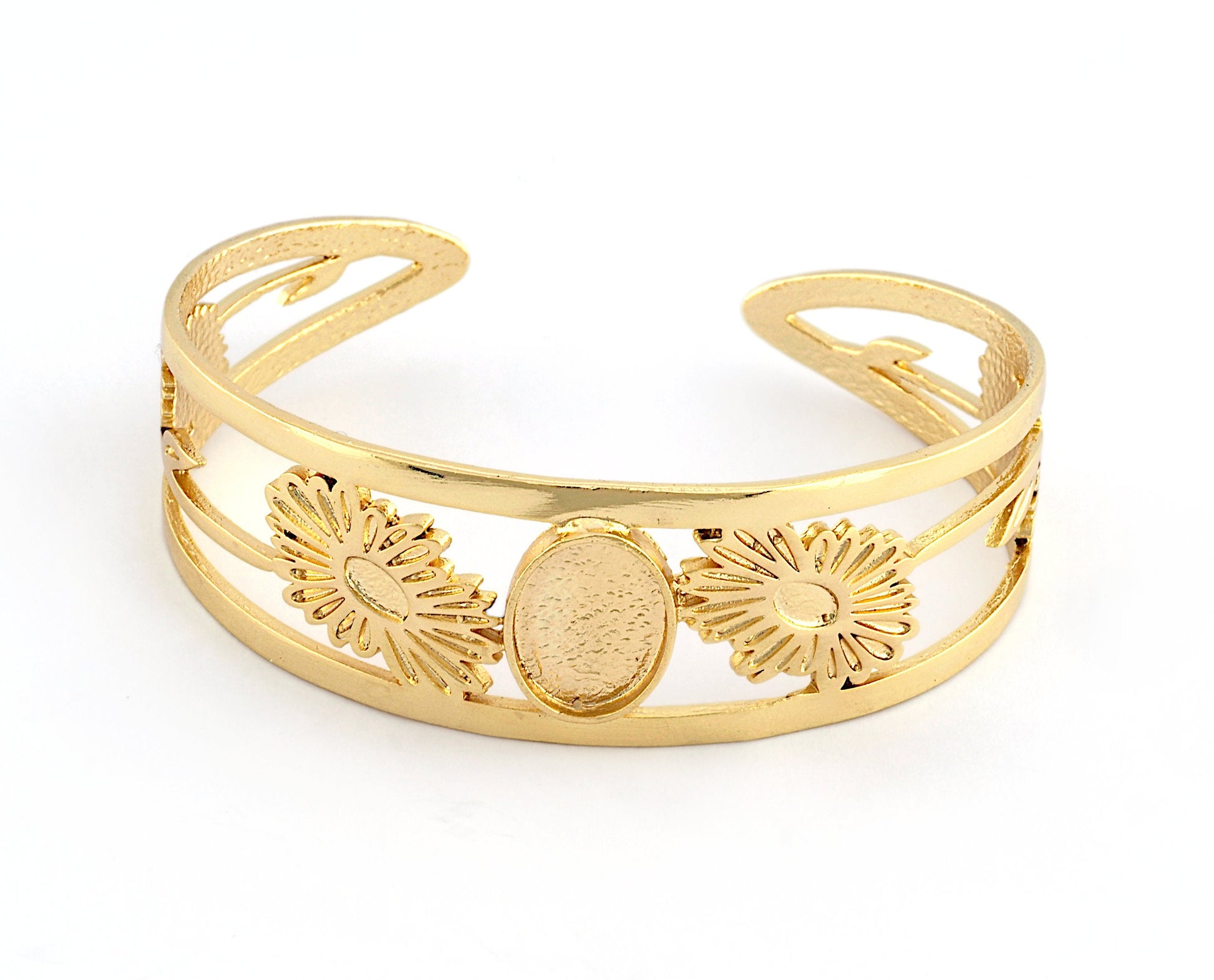 Oval Blank Flower Bracelet Monthly Flower (April Daisy) Base Setting Blank Bezel Shiny Gold Plated Brass (10x14mm Blank ) 2874