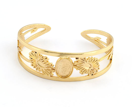 Oval Blank Flower Bracelet Monthly Flower (April Daisy) Base Setting Blank Bezel Shiny Gold Plated Brass (10x14mm Blank ) 2874