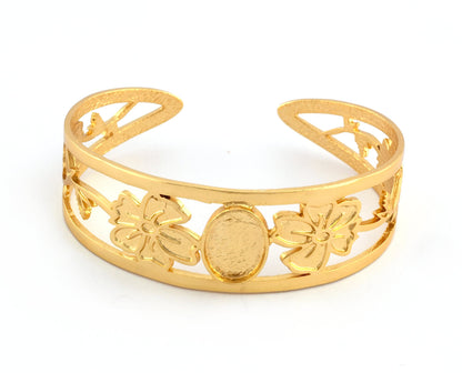 Oval Blank Flower Bracelet Monthly Flower (August Poppy) Base Setting Blank Bezel Shiny Gold Plated Brass (10x14mm Blank ) 3127