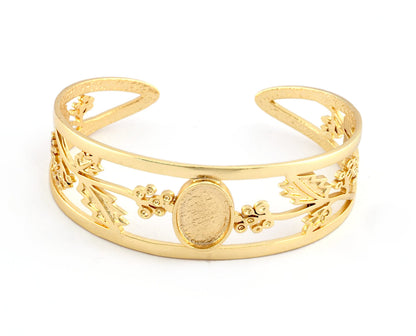 Oval Blank Flower Bracelet Monthly Flower (December Holly) Base Setting Blank Bezel Shiny Gold Plated Brass (10x14mm Blank ) 3646