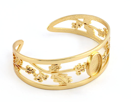 Oval Blank Flower Bracelet Monthly Flower (December Holly) Base Setting Blank Bezel Shiny Gold Plated Brass (10x14mm Blank ) 3646