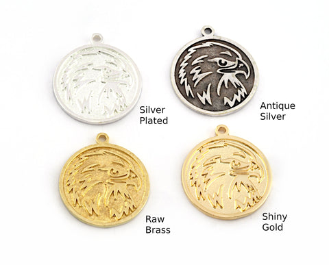 Eagle Bird Round Disc Charms Pendant Raw Brass - Shiny Silver Plated - Antique Silver plated - Shiny Gold Plated 22x19mm Charms OZ5061