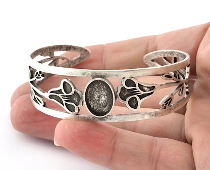 Oval Blank Flower Bracelet Monthly Flower (September Morning Glory) Setting Bezel Antique Silver Plated Brass (10x14mm Blank) 5162