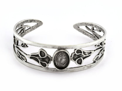 Oval Blank Flower Bracelet Monthly Flower (September Morning Glory) Setting Bezel Antique Silver Plated Brass (10x14mm Blank) 5162