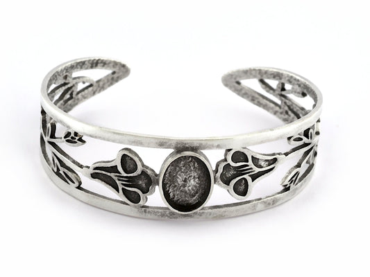 Oval Blank Flower Bracelet Monthly Flower (September Morning Glory) Setting Bezel Antique Silver Plated Brass (10x14mm Blank) 5162