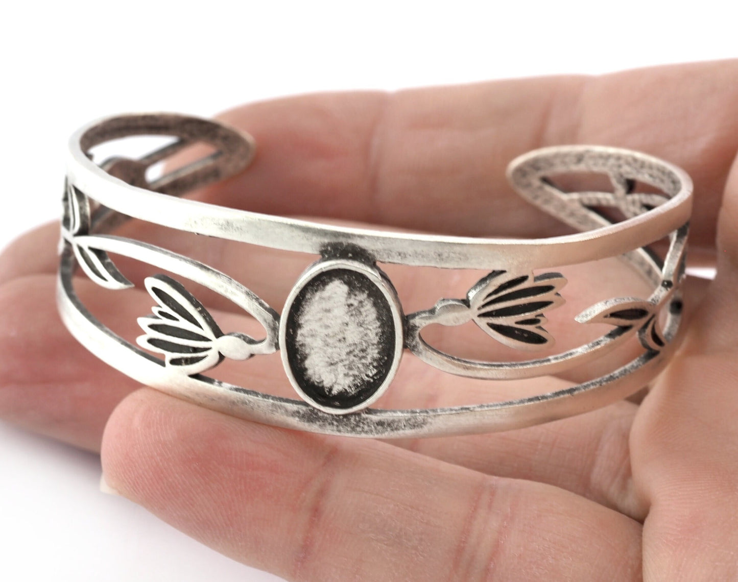 Oval Blank Flower Bracelet Monthly Flower (January Snowdrop) Base Setting Blank Bezel Antique Silver Plated Brass (10x14mm Blank ) 5159