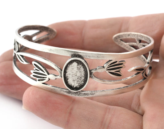 Oval Blank Flower Bracelet Monthly Flower (January Snowdrop) Base Setting Blank Bezel Antique Silver Plated Brass (10x14mm Blank ) 5159