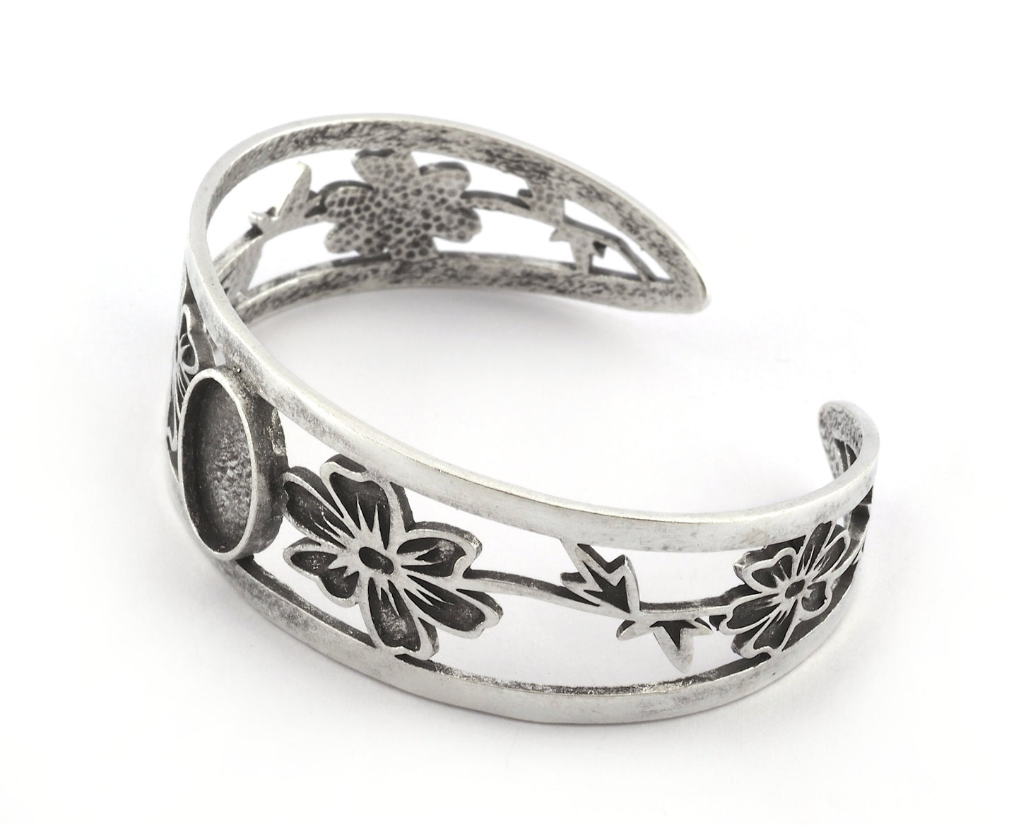 Oval Blank Flower Bracelet Monthly Flower (October Cosmos) Base Setting Blank Bezel Antique Silver Plated Brass (10x14mm Blank ) 5161