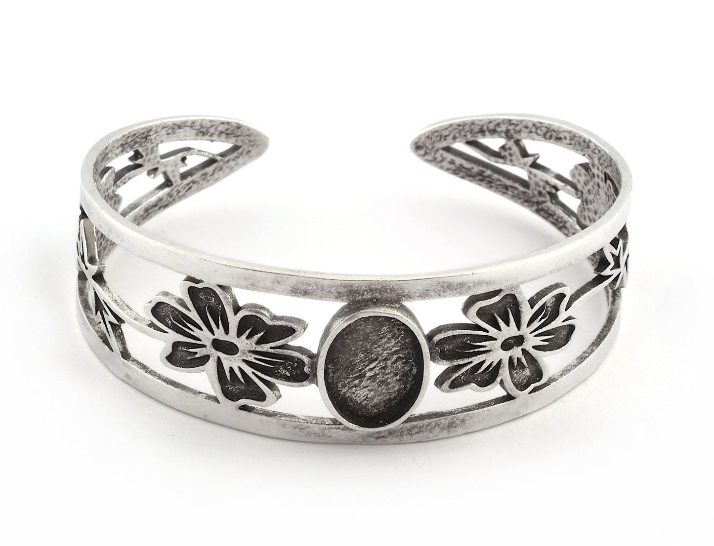 Oval Blank Flower Bracelet Monthly Flower (October Cosmos) Base Setting Blank Bezel Antique Silver Plated Brass (10x14mm Blank ) 5161