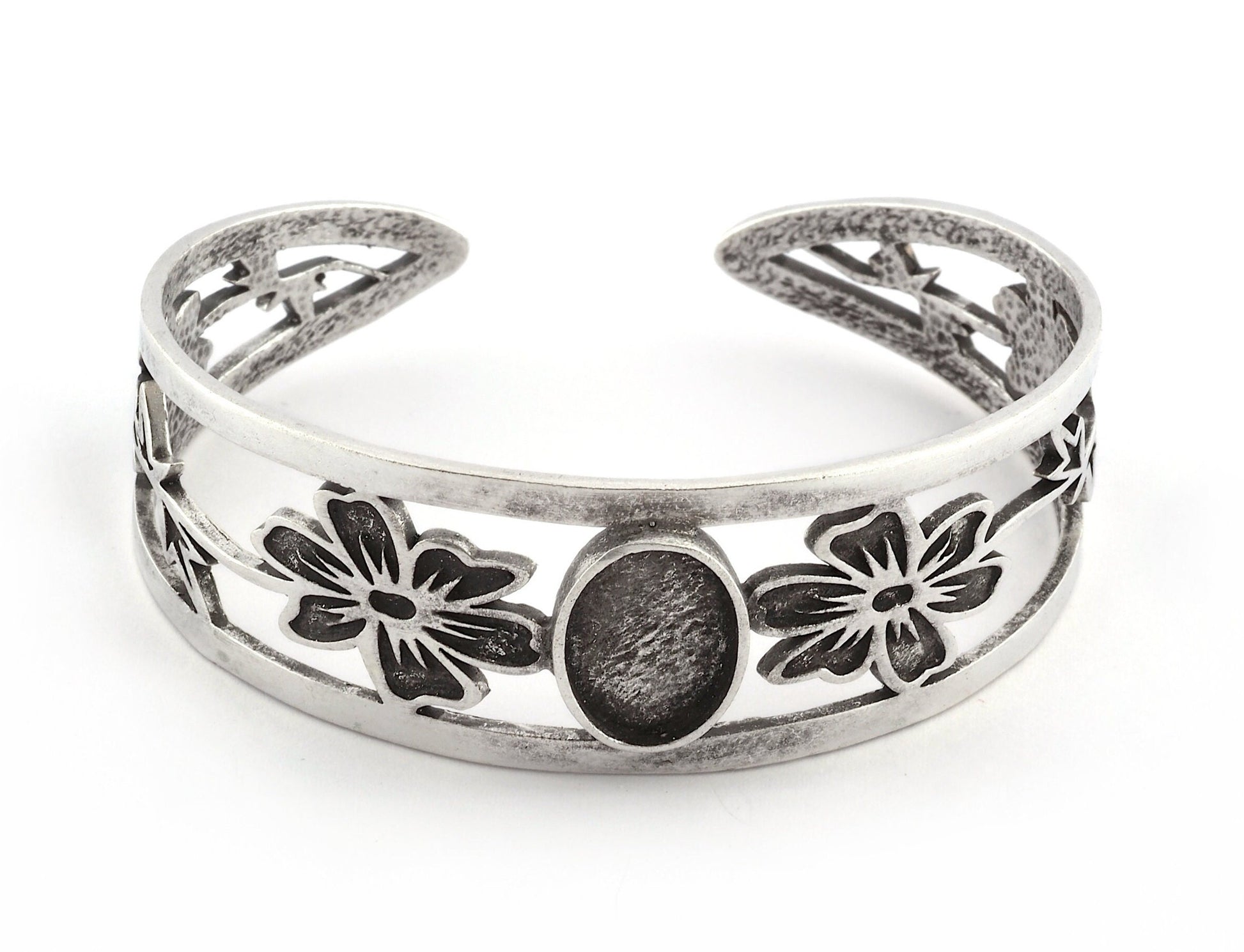 Oval Blank Flower Bracelet Monthly Flower (October Cosmos) Base Setting Blank Bezel Antique Silver Plated Brass (10x14mm Blank ) 5161