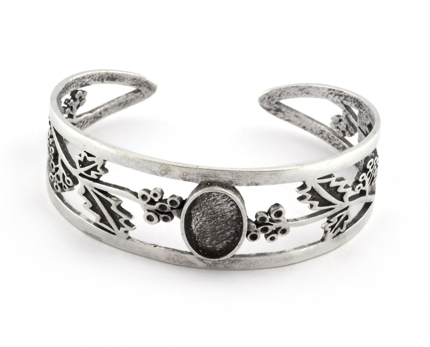 Oval Blank Flower Bracelet Monthly Flower (December Holly) Base Setting Blank Bezel Antique Silver Plated Brass (10x14mm Blank ) 3646