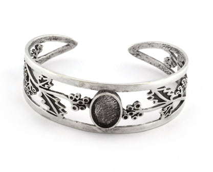 Oval Blank Flower Bracelet Monthly Flower (December Holly) Base Setting Blank Bezel Antique Silver Plated Brass (10x14mm Blank ) 3646