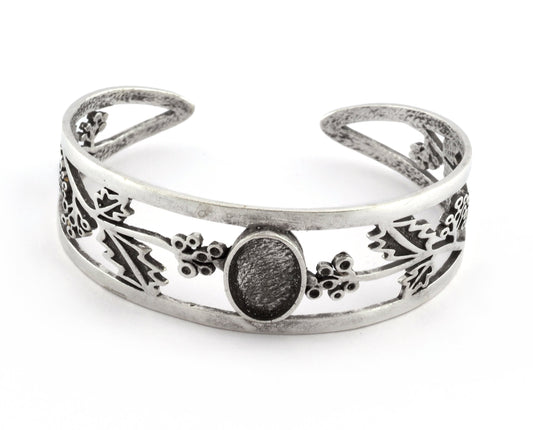 Oval Blank Flower Bracelet Monthly Flower (December Holly) Base Setting Blank Bezel Antique Silver Plated Brass (10x14mm Blank ) 3646