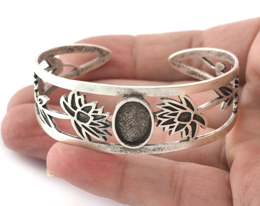 Oval Blank Flower Bracelet Monthly Flower (July Water Lily) Base Setting Blank Bezel Antique Silver Plated brass (10x14mm Blank ) 5160