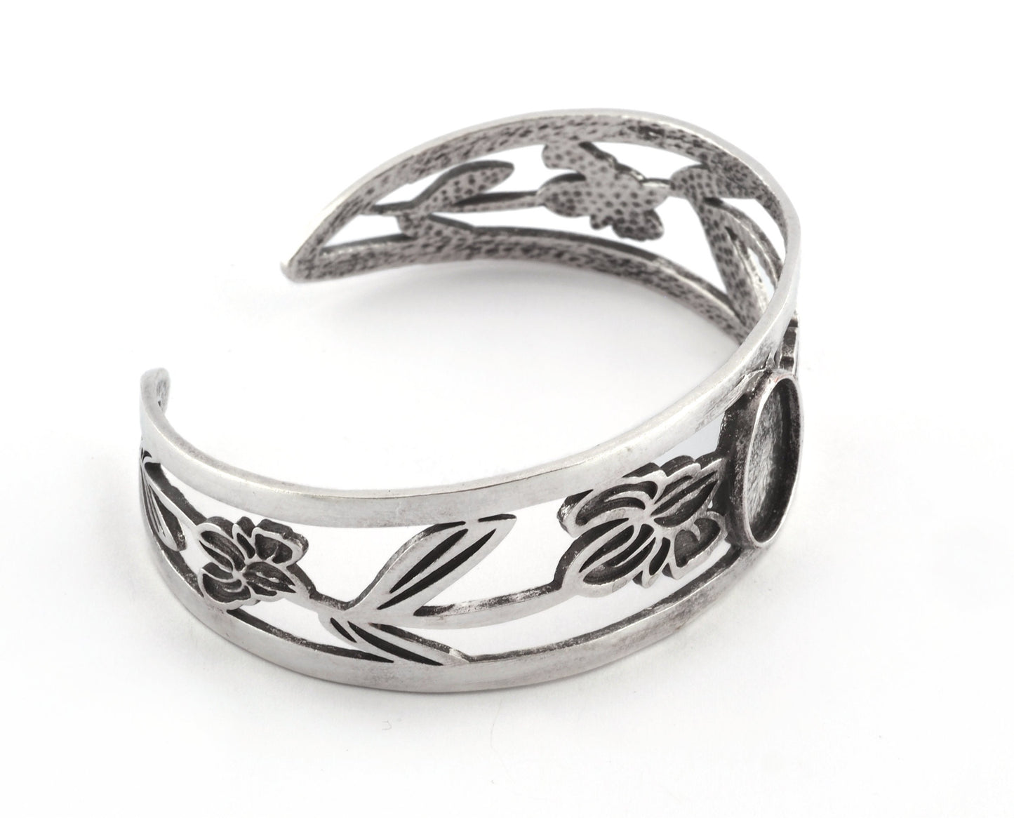 Oval Blank Flower Bracelet Monthly Flower (February Iris) Base Setting Blank Bezel Antique Silver Plated Brass (10x14mm Blank ) 3789