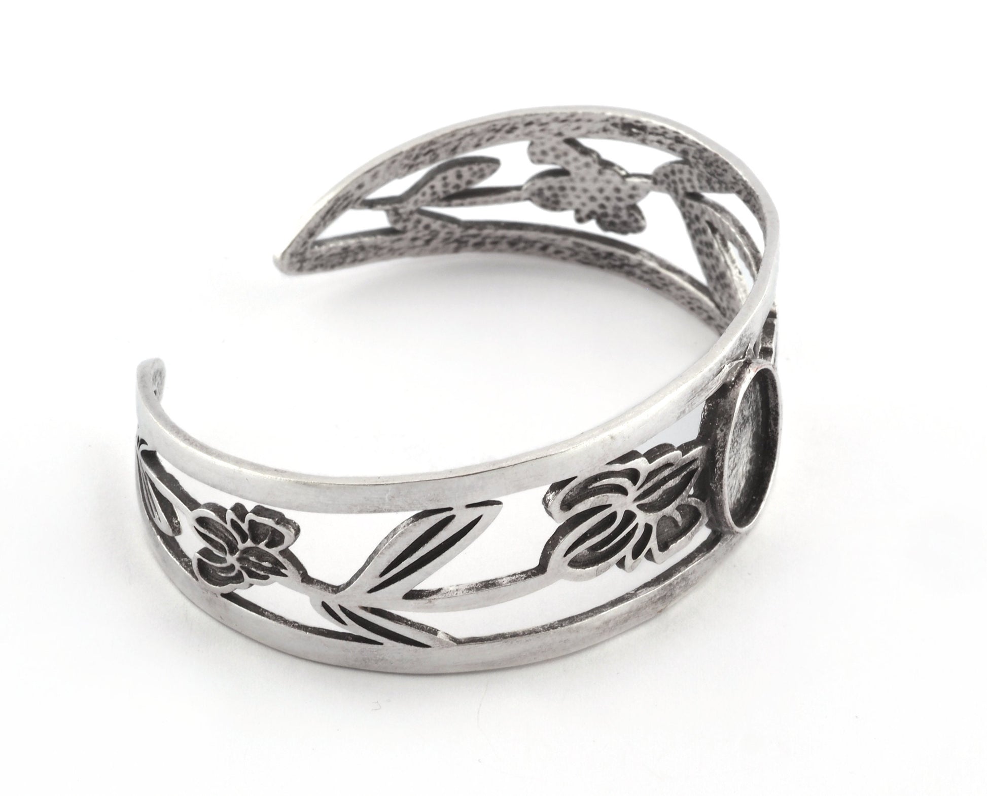 Oval Blank Flower Bracelet Monthly Flower (February Iris) Base Setting Blank Bezel Antique Silver Plated Brass (10x14mm Blank ) 3789