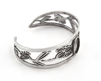 Oval Blank Flower Bracelet Monthly Flower (February Iris) Base Setting Blank Bezel Antique Silver Plated Brass (10x14mm Blank ) 3789
