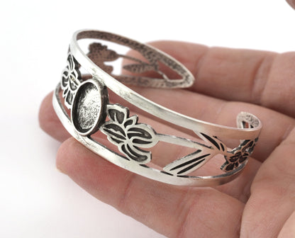 Oval Blank Flower Bracelet Monthly Flower (February Iris) Base Setting Blank Bezel Antique Silver Plated Brass (10x14mm Blank ) 3789