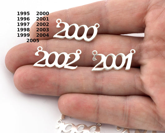 Years, Birth year, Date of birth Charms, Connector Pendant Shiny Silver Plated Brass 26x11mm S393