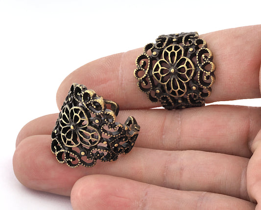 Flower Adjustable Ring Antique Bronze Plated filigree brass (18.75mm 8.5US inner size) OZ3062