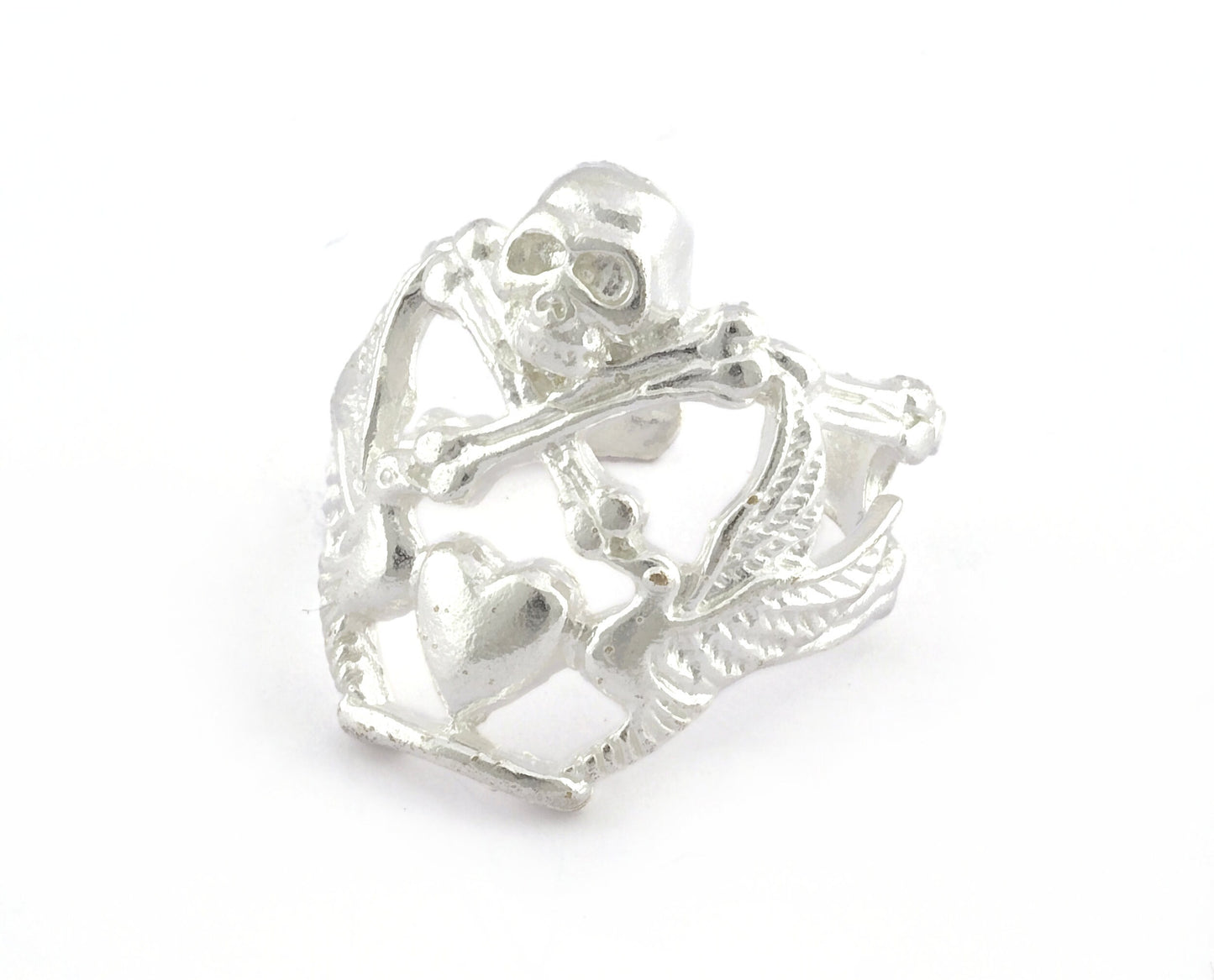 Skull Heart Adjustable Ring Shiny Silver Plated Brass (19mm 9US inner size) OZ3346